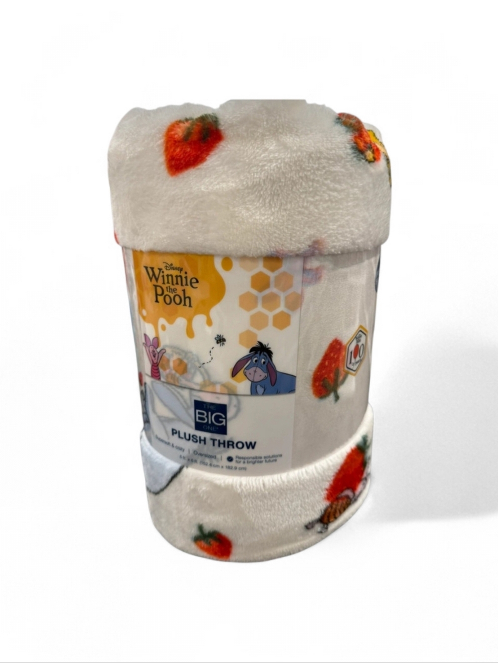 Disney Winnie the Pooh Plush Throw Blanket - Cream with Red Strawberry Pattern